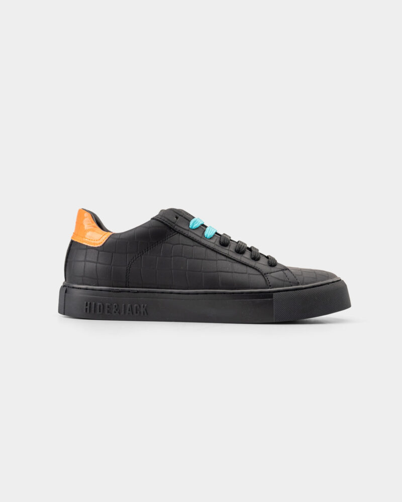 Hide & Jack Men's  Low Top Sneaker Essence Idro Nubuck Black Orange Black Sole EIBKL BKOBLK