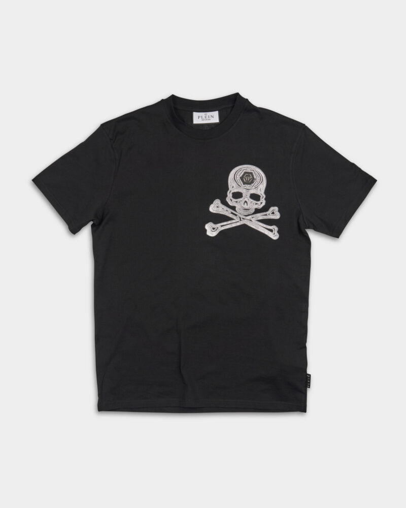 Philipp Plein Men's T Shirt Round Neck SS w/ Crystals Skulls & Bones Black/White MTK6805 PJY002N 0201